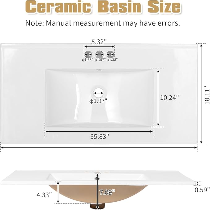 VINGLI 36" Modern Bathroom Vanity with Ceramic Sink, White Bathroom Vanity Cabinet w/2 Stripe Doors & 2 Drawers, Bathroom Sink Cabinet Combo, Floor Storage Cupboard w/Open Shelf for Bathroom