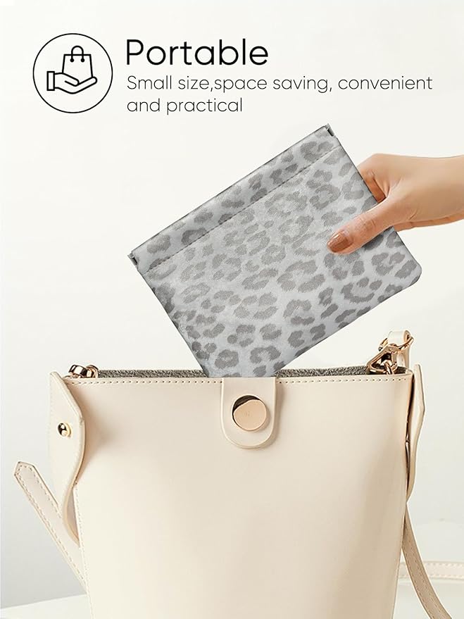 Leopard Leather Small Makeup Pouch for Women,Cosmetic Accessories,Waterproof and Portable Cosmetic Bag,Self-closing, No Zipper, Aesthetic Storage Pouch,Lipstick for Purse,Pearl White Gery