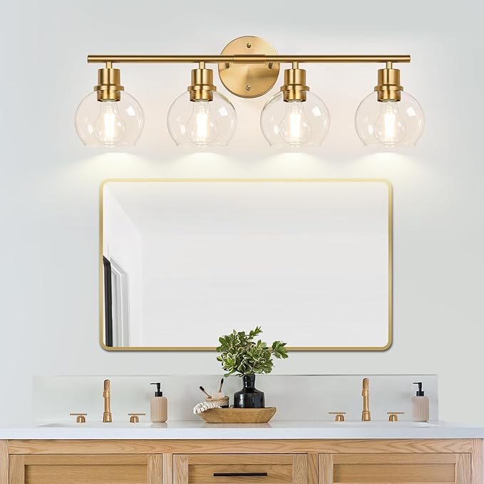 4-Light Bathroom Light Fixtures,Gold Modern Vanity Lights Over Mirror with Clear Glass Globe Shade, Bathroom Wall Sconces for Mirror Kitchen Living Room Hallway Cabinet Bedroom Porch
