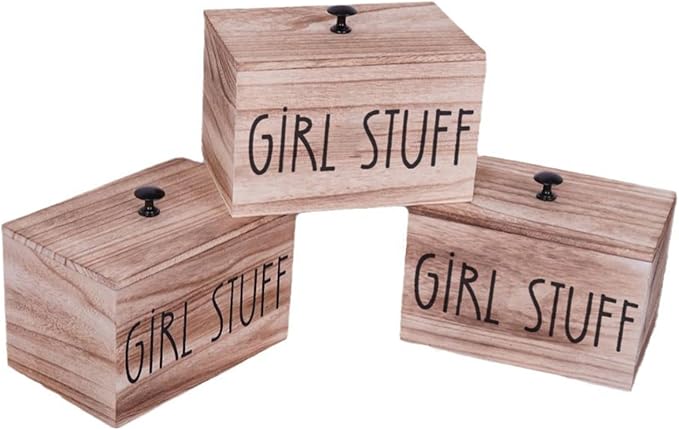 3 Compartments Pad and Tampon Organizer, Wooden Menstrual Care Storage Box, Girl Stuff Design Sanitary Napkin Storage Container, 7.9x5.1x5.1inches