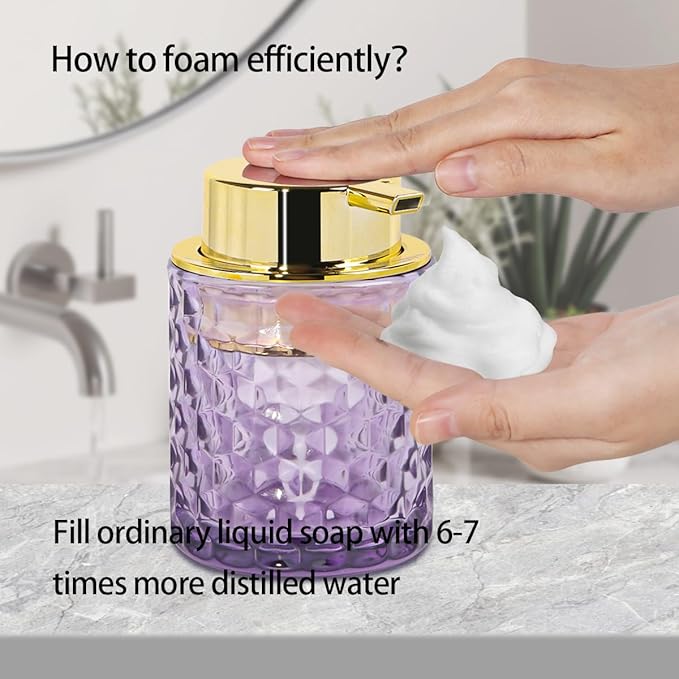 Purple Glass Foaming Soap Dispenser, Bathroom Refillable 10 Oz Foam Hand Soap Dispenser, Vintage Lotion Shampoo Container Gold Large Pump Bottle for Bathroom Countertop and Kitchen Decor