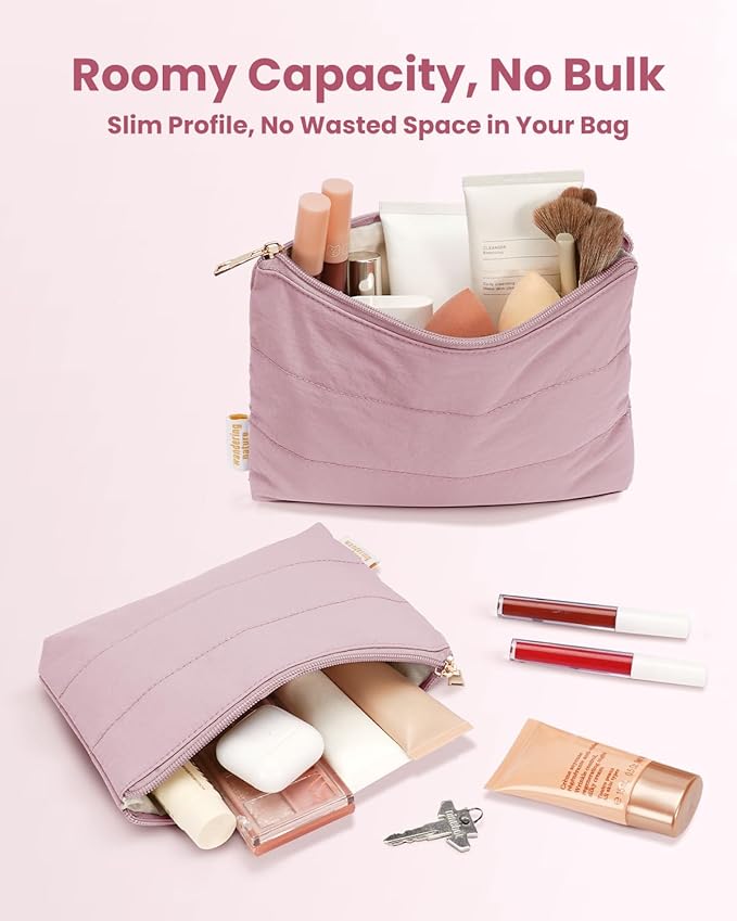 Wandering Nature Small Makeup Bag 2 Pack Cosmetic Bag for Purse, Puffer Quilted Makeup Pouch, Cute Travel Pouch with Zipper for Women, Baby Pink