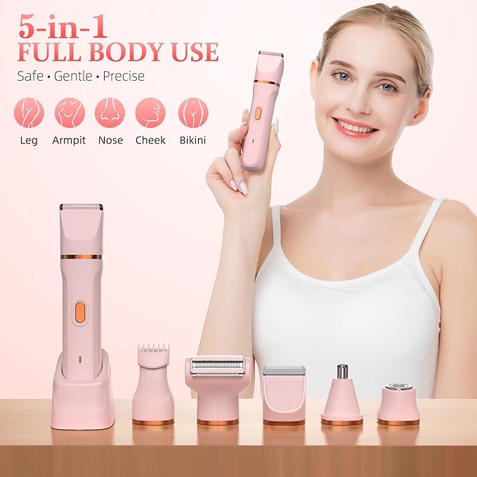 5-in-1 Bikini Trimmer for Women, IPX7 Waterproof Electric Razors Shaver, Cordless Body Hair Trimmer, Facial & Pubic Hair Removal, Ceramic Blade (Pink)