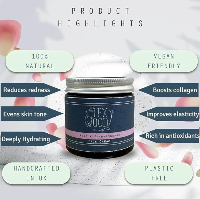 The Ilex Wood - Rose and Frankincense Face Cream - 100% Natural, Vegan, Moisturising, Anti Ageing, Wrinkle and Line Reducing Ingredients - 60ml (2.03 fl oz)