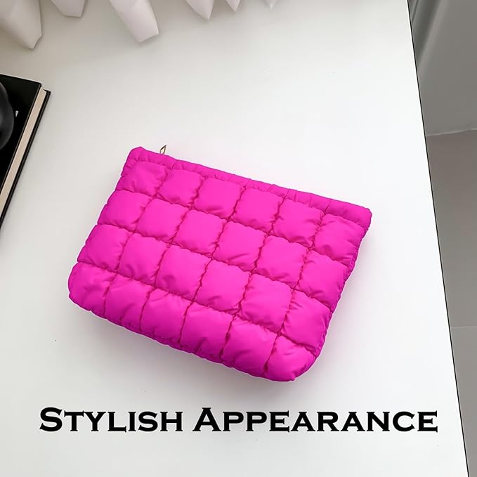 Puffy Quilted Makeup Bag for Women, Cosmetic Bag, Travel Toiletry Organizer Pouch Clutch (rose)