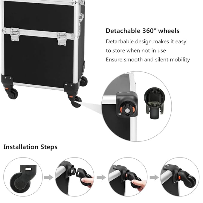 mefeir 3 in 1 Rolling Makeup Train Case, Aluminum Makeup Travel Organizer Cosmetic Case, Cosmetology Display Suitcase on Wheels, Beauty Storage Luggage Lockable w/4 Removable Wheels, Black