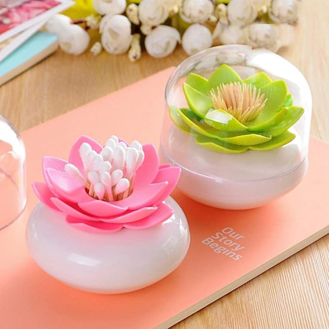 Bloss QTip Cotton Swab Holder Set - Lotus Toothpick Organizer Bathroom Decor Vanity Canister - 2 Pack (Green + Pink)