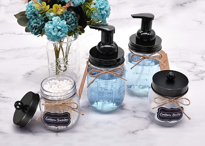 Amolliar Mason Jar Foaming Soap Dispenser Pump, Plastic Foam Soap Pump Rustproof Stainless Steel Lid, Refillable Hand Soap, Waterproof Labels, Cute Farmhouse Decor, Bathroom Accessories, Black 2 Pack