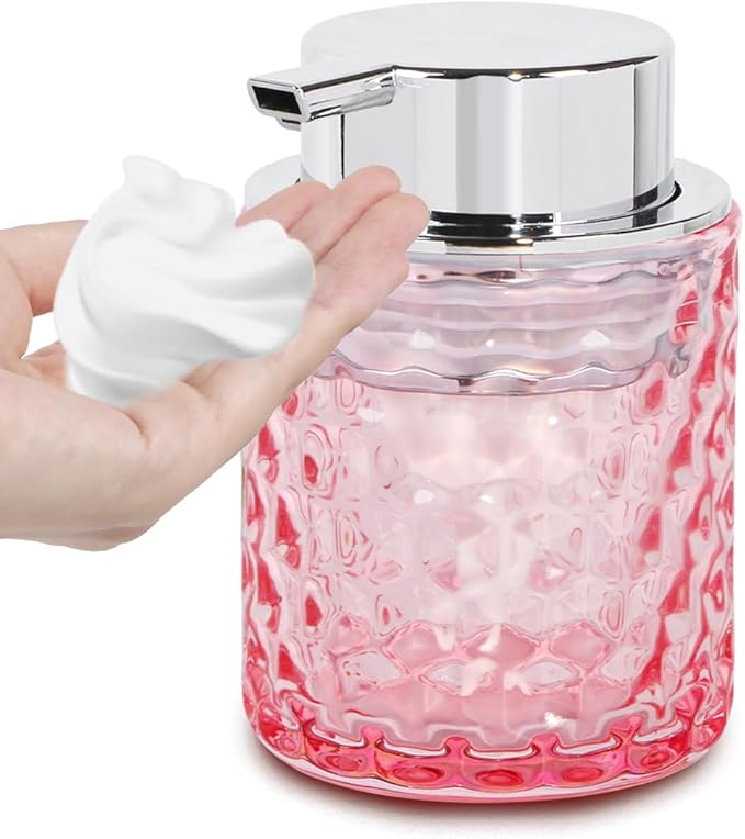 10 Oz Glass Hand Soap Dispenser with Pump, Refillable Bathroom Gold Foaming Soap Dispenser, Vintage Glass Diamond Lotion Container Bottle for Bathroom and Kitchen (1, Pink and Silver)