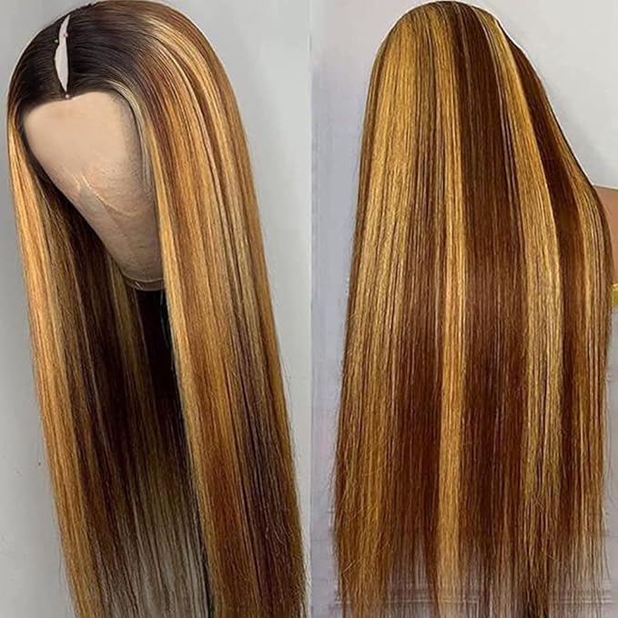 Highlight Ombre V Part Wigs Human Hair Straight Balayage Blonde 180% Density Glueless Full Head Clip In Half Wigs 30inch
