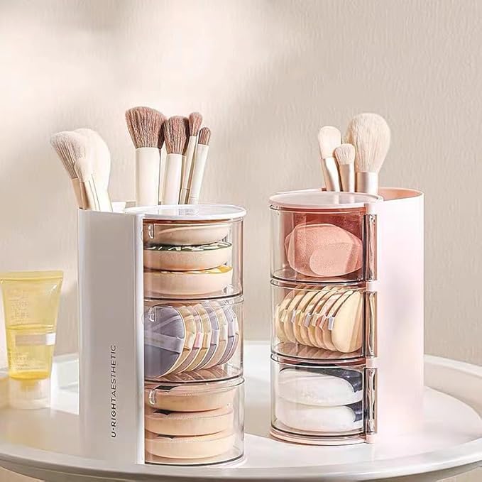 gugululu 3-Layer Clear Hair Accessories Organizer with Hair Brushes Holder, Rotatable Storage Box Desktop Organizer Case for Makeup Brushes, Cotton Swab, Beauty Sponge, Powder Puff (Pink)