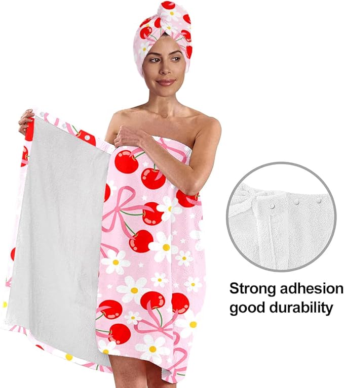 Cherry Bath Wrap with Matching Hair Drying Cap – Soft Microfiber Lightweight Shower Towel Skirt Set for Women, Girls, Spa and Travel (Cherry 6)