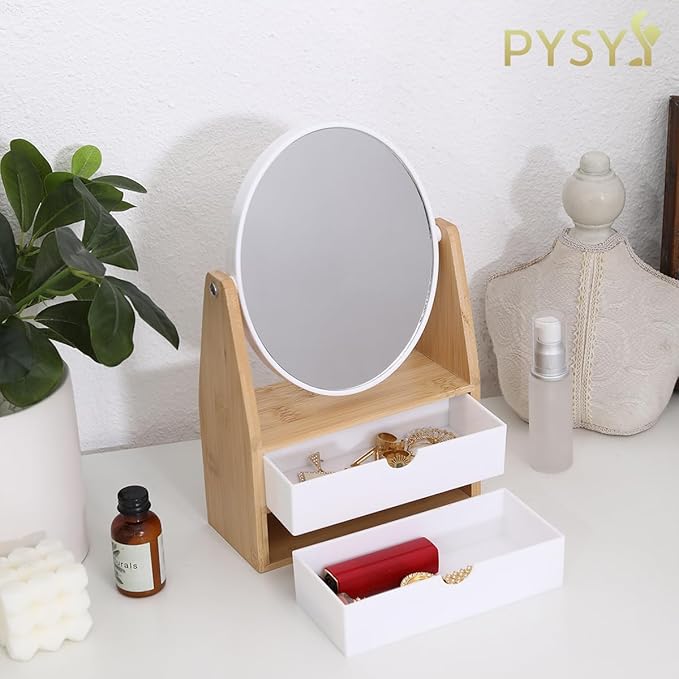 1x / 5X Magnifying Makeup Mirror, Jewelry and Cosmetics Storage Box with Double Drawers, Adjustable Natural Bamboo Stand, 360° rotatable Vertical Desktop Mirror (1, Oval)