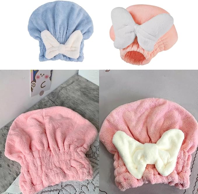 2 Pack Microfiber Hair Towel Micro Fiber Hair Drying Caps with Large Bow Hair Towel Cap Absorbent Hair Turban Wraps Head Towels for Women Girls Daughter Curly Thick Long Hair Bath Shower