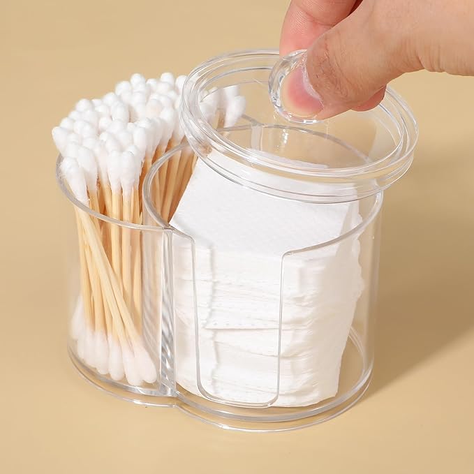 Yolev Qtip Holder with Dual Compartments Clear Cotton Round Holder Plastic Vanity Canister with Removable Dustproof Lid Cotton Swab Container for Cottons Swabs Makeup Storage Container Accessories
