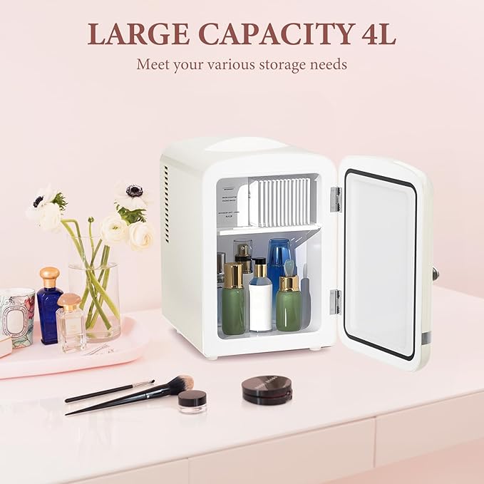 Xbeauty Retro Mini Fridge, Compact Refrigerator with 4L Capacity/6 Cans，Cooler & Warmer, Removable Shelf for Skincare, Beverages, Cosmetics, Perfect for Dorm, Bedroom, Cream