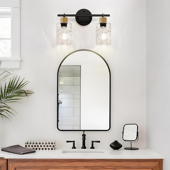 Bathroom Light Fixtures, 2-Light Coastal Vanity Lights with Crystal Glass Shade, Black Bathroom Wall Lamp for Mirror Kitchen Hallway Cabinet