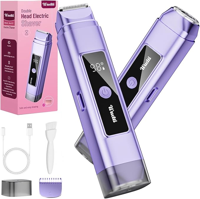 Bikini Trimmer for Women: Electric Razor & Shaver with Dual Heads for Body Pubic Hair, IPX7 Waterproof with LED Display - Rechargeable Lady Trimmer for Bikini - Lake Blue