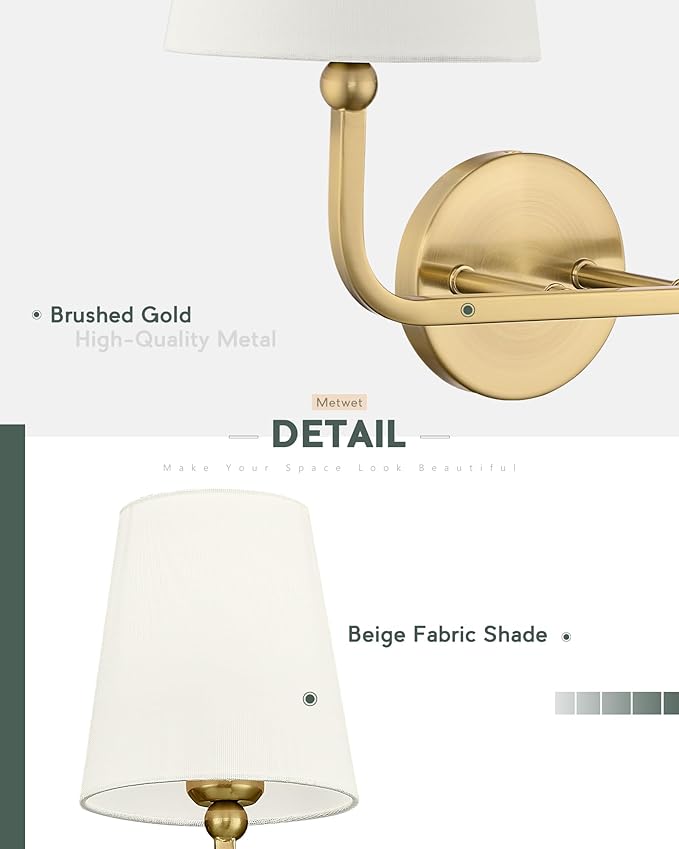 4-Light Bathroom Light Fixtures, Brushed Gold Vanity Lights with Flared Beige Fabric Shade, 28 Inch Wall Sconce, Vintage Sconces Wall Lighting for Hallway Bedroom, VL837-BG-B-4