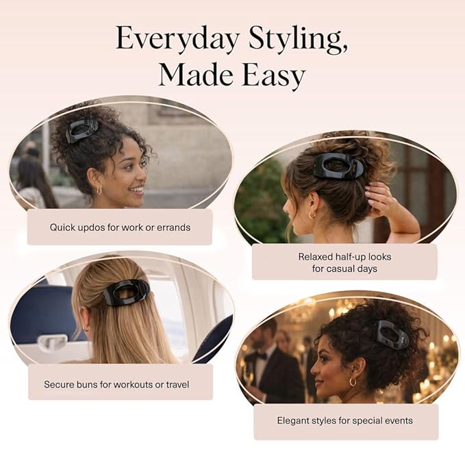 Kitsch Large Flat Claw Clips for Women - Stylish Flat Hair Clips, Strong Hold for Thick & Fine Hair | Non-Slip for Secure, Comfortable All-Day Wear | Ideal Gifts for Women - Black