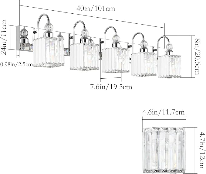 Ralbay Chrome Crystal Vanity Lights 5-Lights 40'' Modern Crystal Bathroom Light Fixtures Modern Crystal Vanity Lighting Over Long Mirror Bathroom Wall Lighting Fixtures
