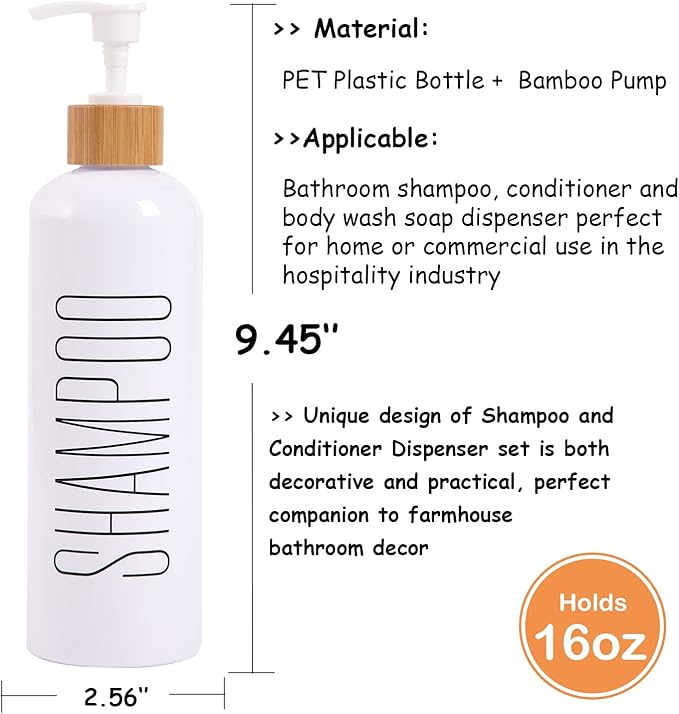 HOMCDALY Shampoo and Conditioner Dispenser, 16oz 3-Pack Refillable Shampoo and Conditioner Bottles, Empty Shampoo Bottles Refillable with Bamboo Pump, Bathroom Shower Shampoo Dispenser Set