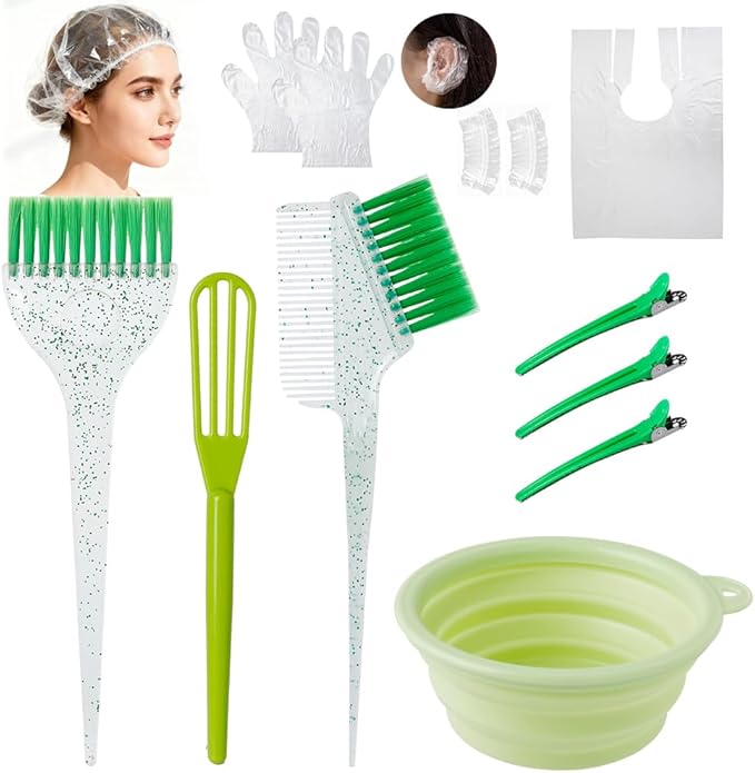 Hair Dye Color Brush and Bowl Set, Color Bowl Brushes Tool Mixing Bowl Kit Tint Comb for Hair Tint Dying Coloring Applicator (Green&Clear)