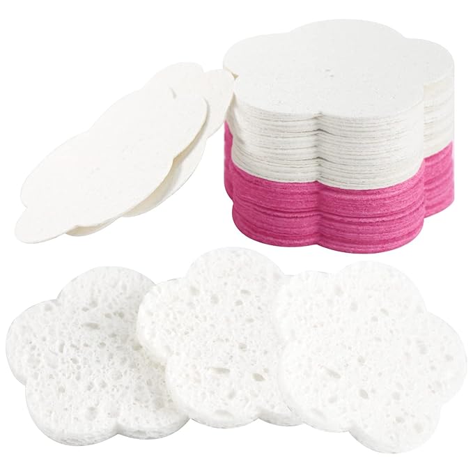 50-Count Facial Sponges Compressed Facial Sponges Natural Facial Cleansing Sponges Pads Cute Flower Shape Exfoliating Sponges for Cleansing Reusable,Best Makeup Gift, White+Pink