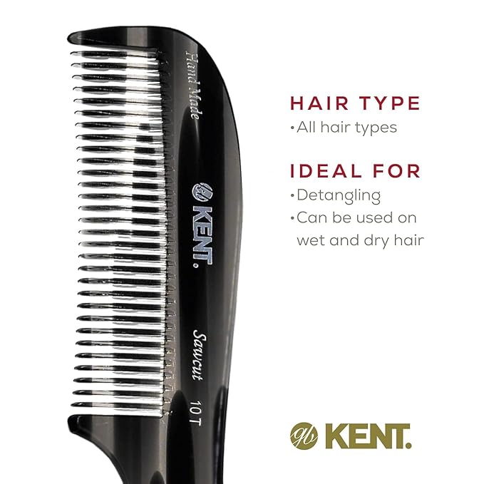 Kent 10T Graphite and Tortoise Large Detangler Comb, Handmade Wide Tooth Comb for Curly Hair, Detangling Combs For Wet and Dry Hair, Combs for Thick Hair, Saw-Cut and Hand Polished Made in England