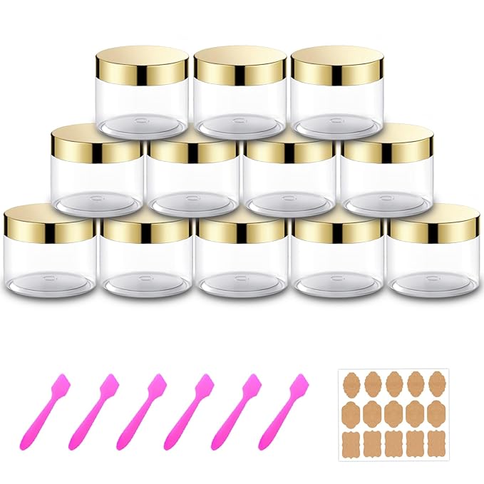 12 Pack 6 oz Plastic Cosmetic Containers With Gold Lids Refillable Clear Empty Travle Jars Containers for Body Butter,Sugar Scrubs,Cream,Lotions,Candy, Label&Spatulas