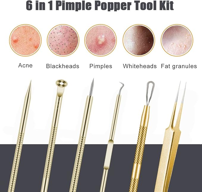 Pimple Popper Tool Kit 6 Pcs Blackhead Remover Acne Needle Tools Set Removing Treatment Comedone Whitehead Popping Zit for Nose Face Skin Blemish Extractor Tool - Gold