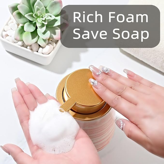 Modern Striped Style Gold Soap Dispenser for Bathroom, Ceramic Hand Soap Dispenser, Easy to Refill Liquid (Pink-Foam Pump)