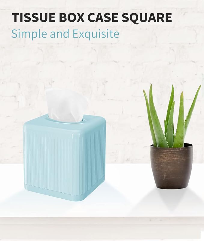 Livelab Tissue Box Cover and Holder - Square Plastic Decorative Tissue Dispenser - Modern Cube Style - For Bathroom, Living Room, Office - Blue