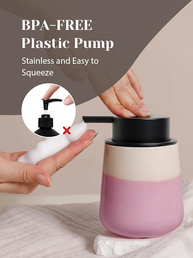 INGOFIN Ceramic Foaming Soap Dispenser - 12oz Foam Hand Soap Dispenser Bathroom, Refillable Modern Dish Dispenser with Pump for Kitchen, Beige and Pink