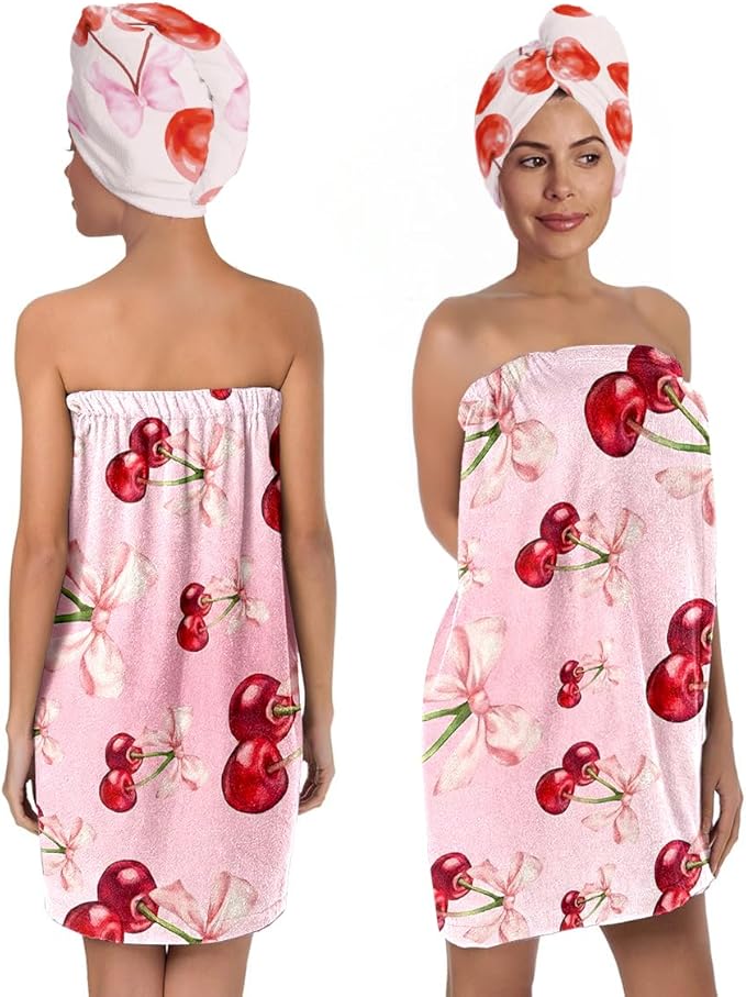 Women's Cherry Bow Shower Wrap and Hair Towel Set – Pink Quick Dry Microfiber Bath Wrap with Adjustable Closure – Cute Spa, Dorm, Gift Towel Set for Girls & Teens (Cherry 3)