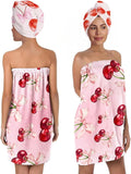 Women's Cherry Bow Shower Wrap and Hair Towel Set – Pink Quick Dry Microfiber Bath Wrap with Adjustable Closure – Cute Spa, Dorm, Gift Towel Set for Girls & Teens (Cherry 3)