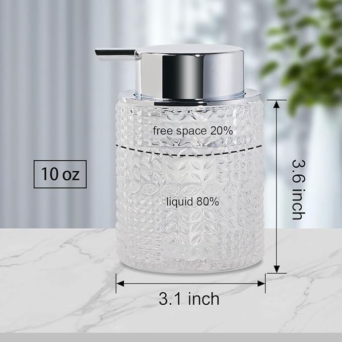 Foaming Hand Soap Dispenser, 10 oz Refillable Clear Glass Foam Soap Dispenser with Large Pump Bottle Container for Kitchen and Bathroom,1 pc