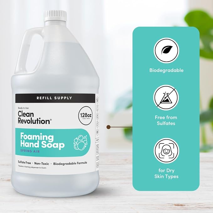 Clean Revolution Foaming Hand Soap Refill Supply Container, Ready to Use Formula, Spring Air Fragrance, Gluten Free, 128 Fl. Oz
