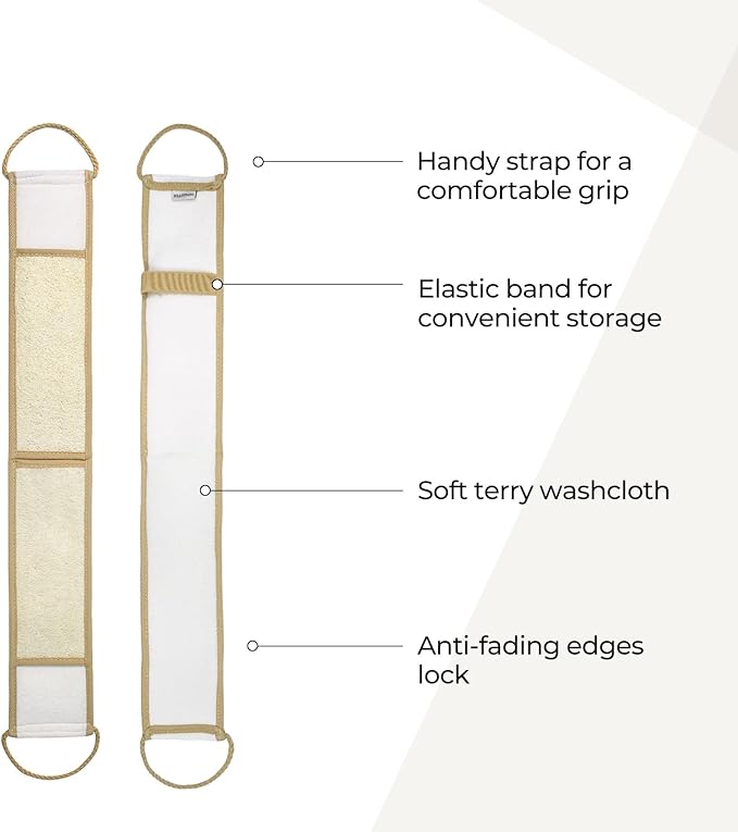 Natural Loofah Back Scrubber, Double-Sided Exfoliating Body Scrubber with Handy Strap for Deep Cleaning, Durable Bath Shower Luffa Sponges for Men and Women (Brown)