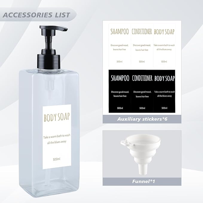 Shampoo and Conditioner Dispenser (Set of 2, 16.9oz) Modern Refillable Shampoo Pump Bottles for Shower Soap - Empty Body Wash Dispenser Set for Bathroom (Transparent)
