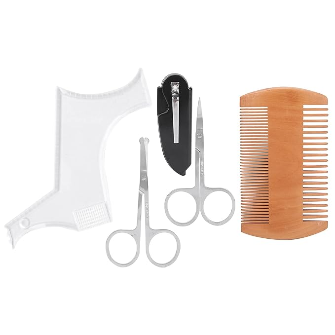 Beard Shaping Tool, Professional Beard Grooming Styling Set with Transparent Template Comb and Stainless Steel Scissors for Men Facial Hair Care