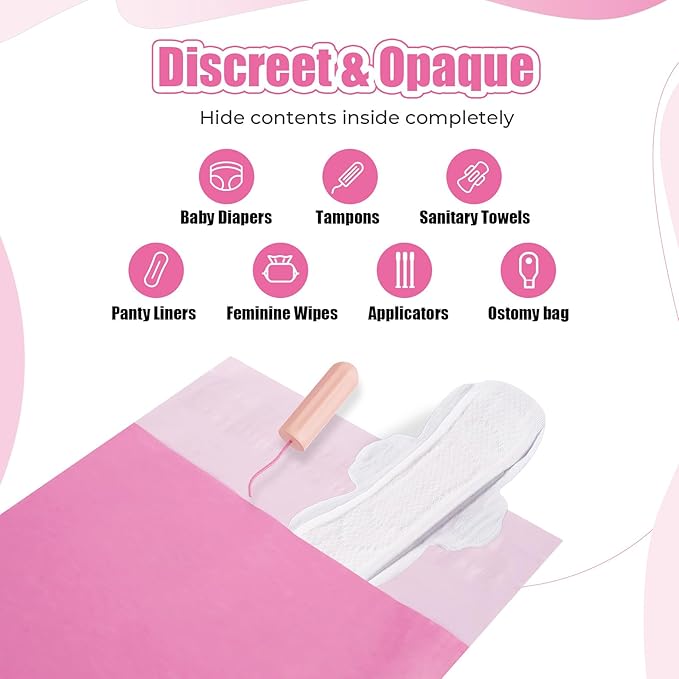Sanitary Napkin Individual Disposal Bags, 160 Pcs Opaque Personal Care Disposable Bag, Secure Closure, Odor Control, for Pads, Tampons, Women Period Small Trash Bag,With Purse Pouch, Pink