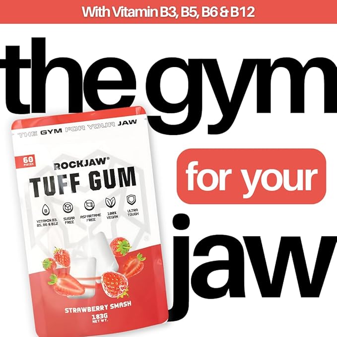 ROCKJAW® Tuff Gum | Ultra-Hard Jawline Chewing Gum for a Sharper Jawline | Vitamin B3, B5, B6 & B12 | 1350mg Xylitol | Sugar-Free | Aspartame-Free | 60 Pieces | Strawberry Smash