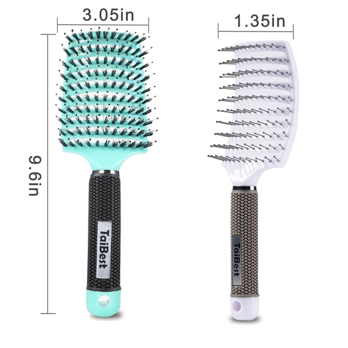 Boar Bristle Brush Set - Dry/Wet Detangler for Fine, Thick, Curly Hair - Curved and Vented Brush for Women, Men or Kids