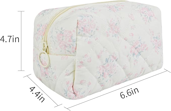 Quilted Makeup Bag Floral Cotton Make up Bag Puffy Coquette Makeup pouch Aesthetic Cute Travel Toiletry Bag for Women Girls