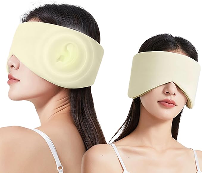 Reversible Warm & Cool Sleep Mask Wrap-Around Blackout Eye Masks for Side Sleepers Adjustable Unisex Eye Cover for Travel Office & Rest Beige