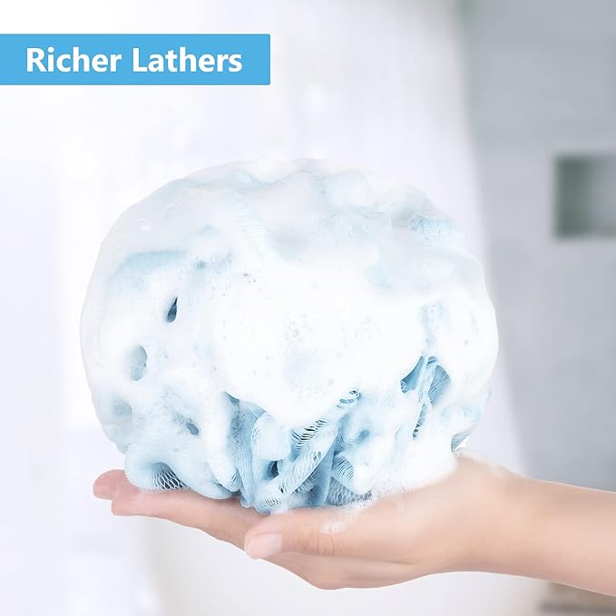 VANZAVANZU Bath Loofah Large 80g Shower Sponge Body Scrubber Mesh Pouf for Men and Women, Set of 4 (Turquoise)
