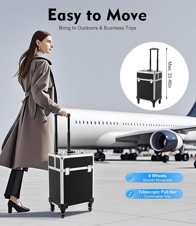 Black Rolling Makeup Case, Professional Cosmetic Box Storage on Wheels, Large Make Up Train Carrying Cases w/4 Organizer Trays, Cosmetic Case Trolley with Locks for Makeup/Nail Art/Hair Styling