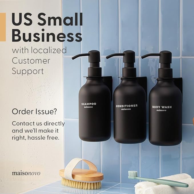 MaisoNovo Refillable Shampoo and Conditioner Bottles - 16.9 fl oz Set of 3 Black Plastic Bottles Black Bamboo Pumps