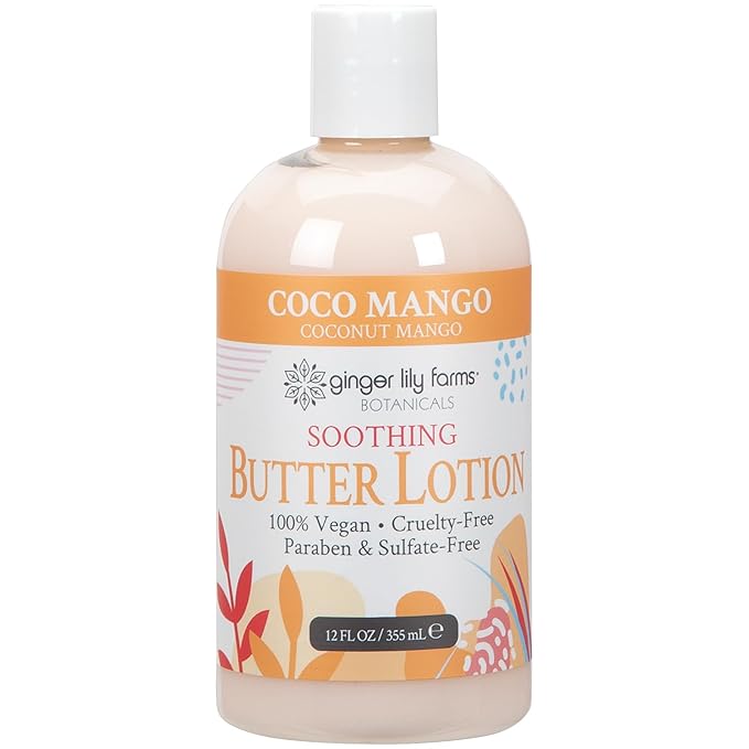 Ginger Lily Farms Botanicals Soothing Butter Lotion for Dry Skin, Coco Mango, 100% Vegan & Cruelty-Free, Coconut Mango Scent, 12 Fl Oz (Pack of 6)